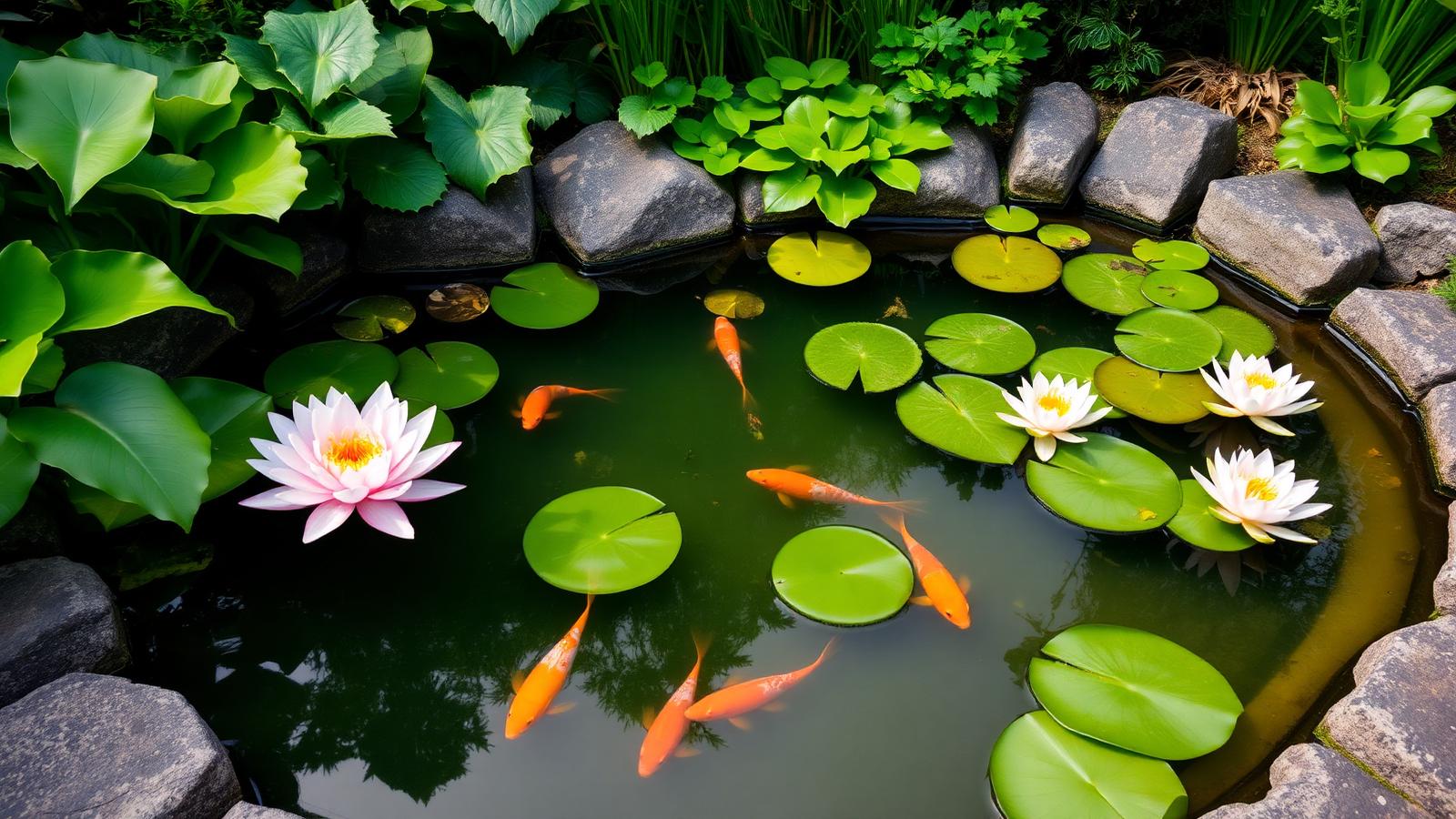 Bassin de jardin avec nénuphars et carpes koï