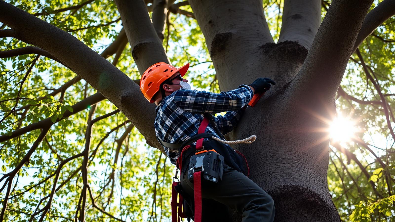 Élagueur professionnel taillant un grand arbre