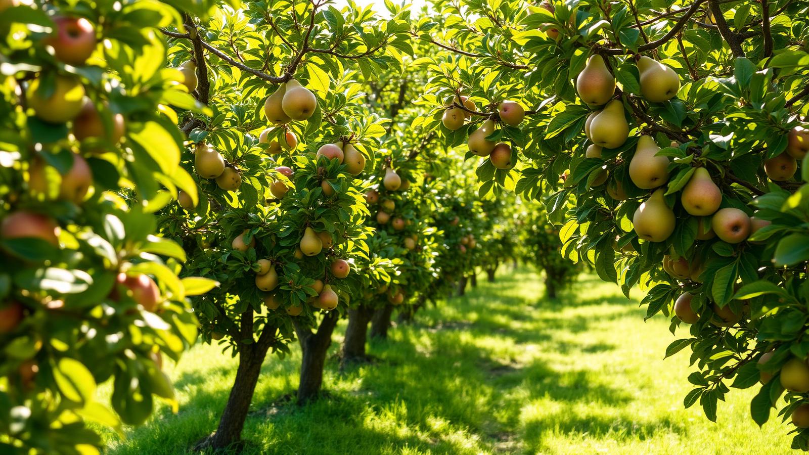 Verger d'arbres fruitiers chargés de fruits mûrs